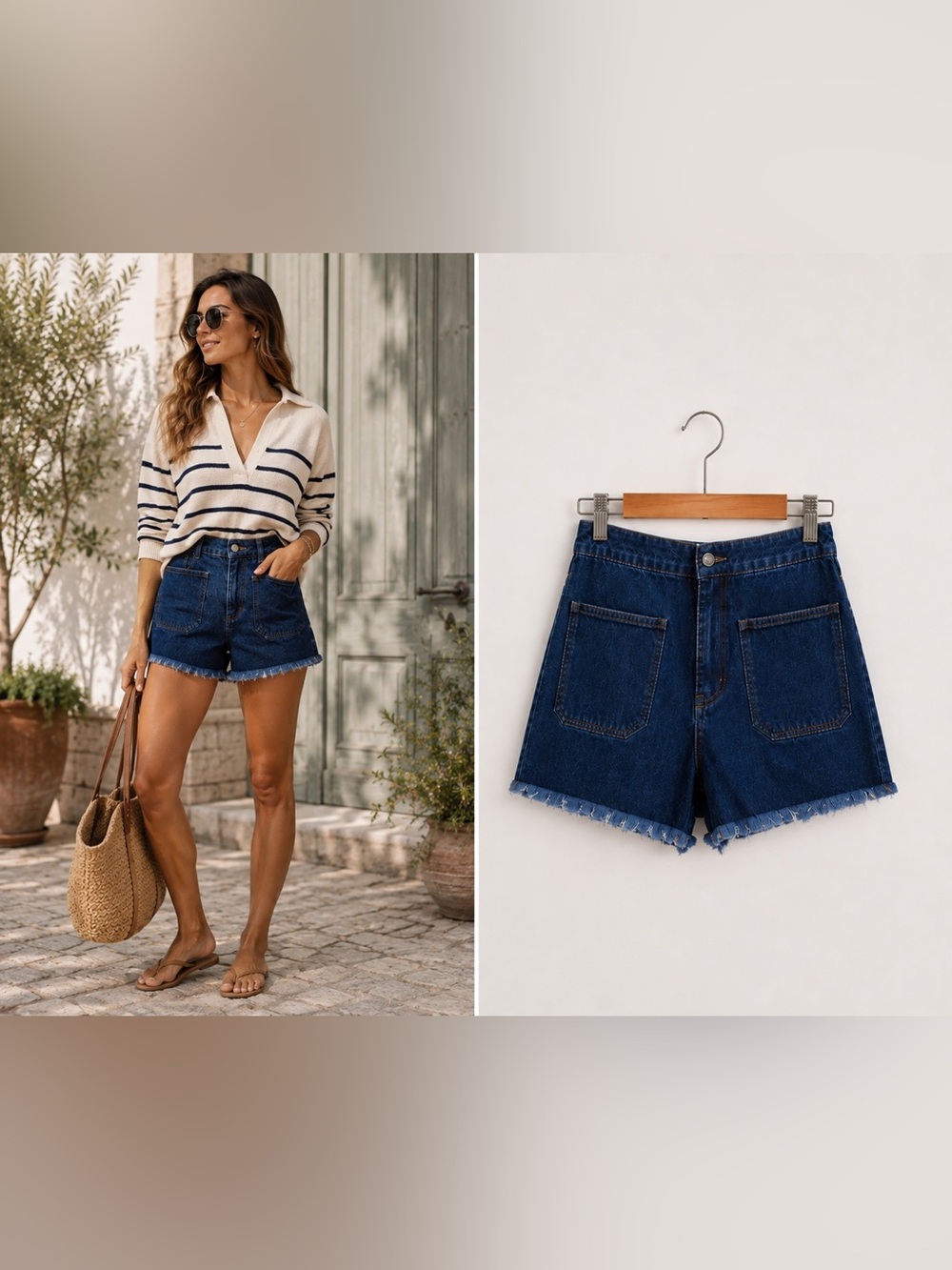 THE GREAT. The Sailor Shorts Dark Blue Chambray Frayed Hem Deni